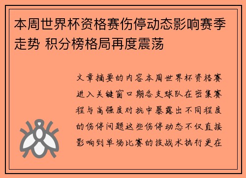 本周世界杯资格赛伤停动态影响赛季走势 积分榜格局再度震荡 本周世界杯资格赛伤停动态影响赛季走势 积分榜格局再度震荡
